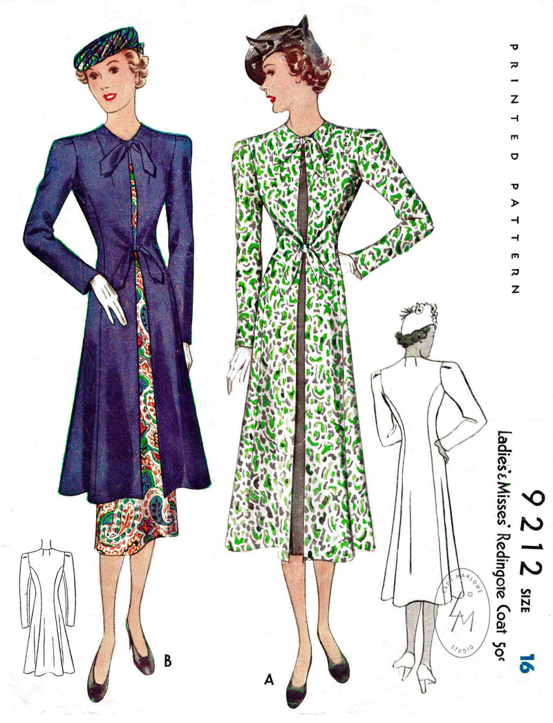 McCall 9212 1930s 1937 duster coat vintage sewing pattern repro