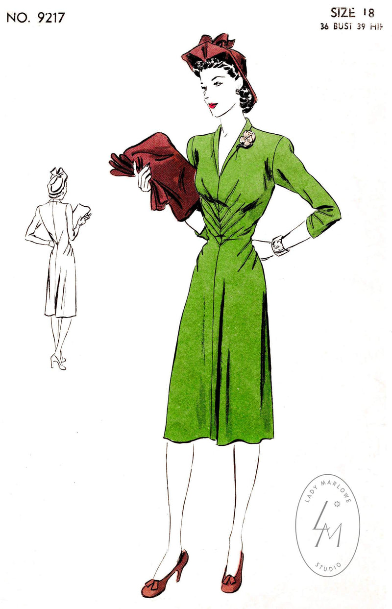 Vogue 9217 1940s dress pattern radiating dart detail shawl collar