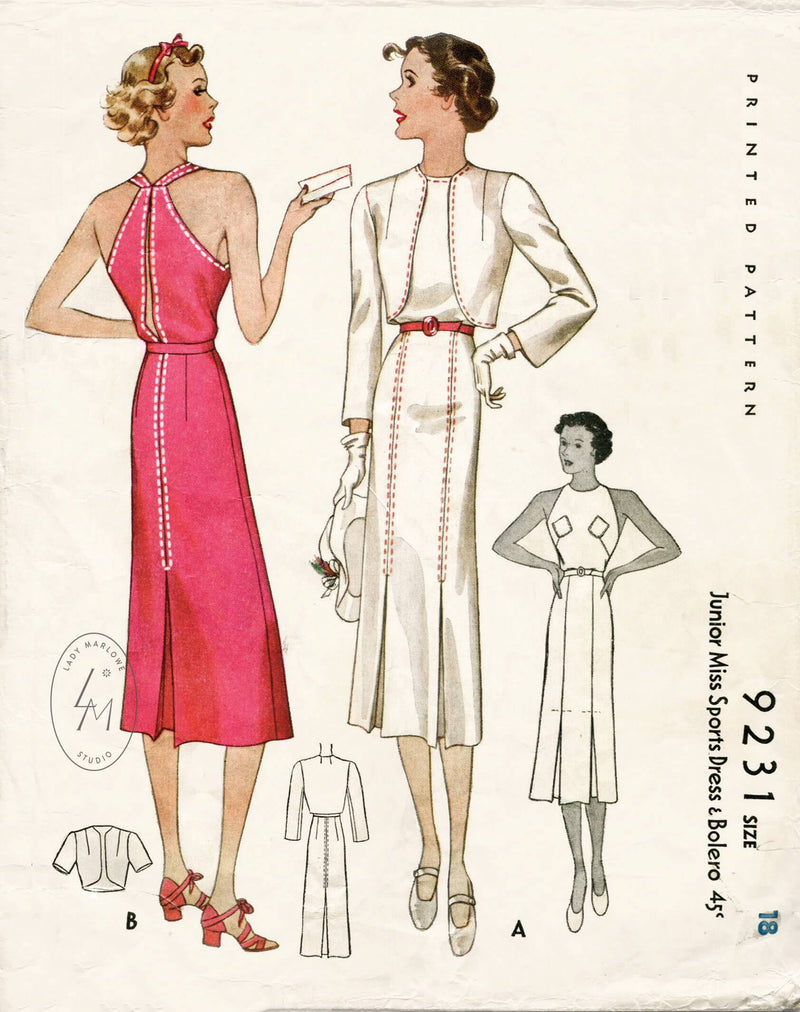 McCall 9231 1930s sports dress bolero vintage sewing pattern 1930 30s