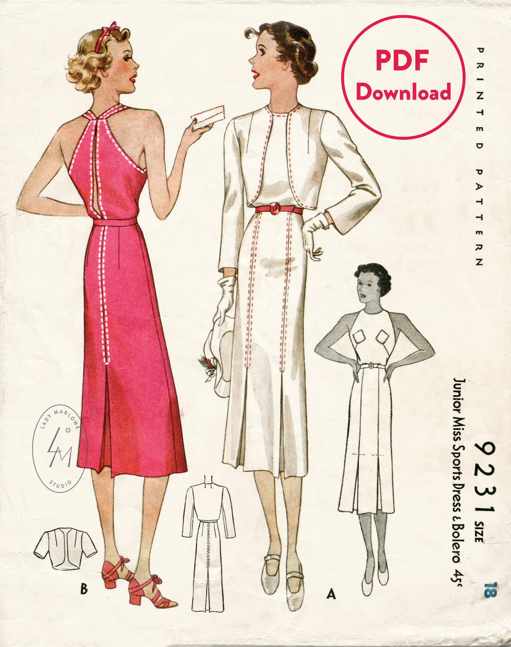 1930s McCall sports dress with bolero vintage sewing pattern