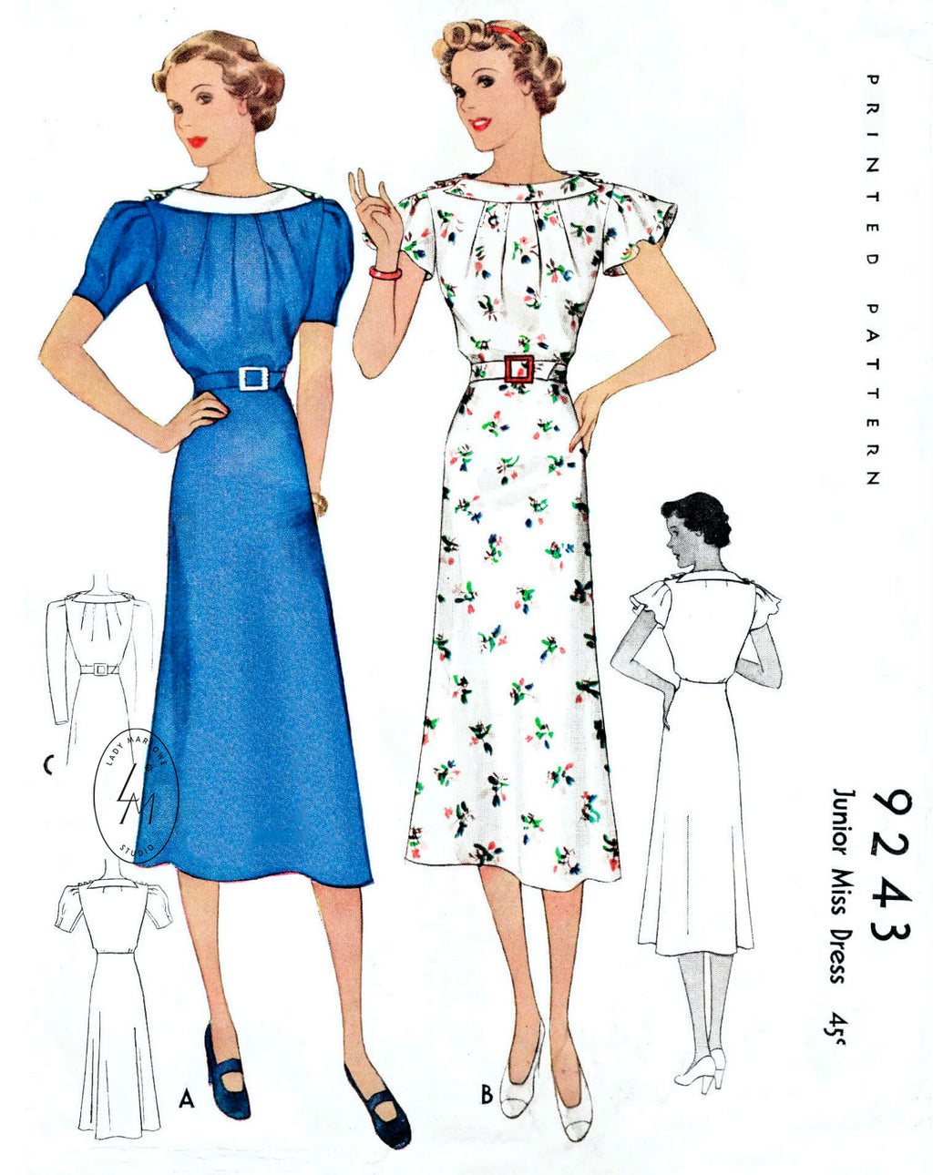 1930s 1937 vintage dress sewing pattern McCall 9243