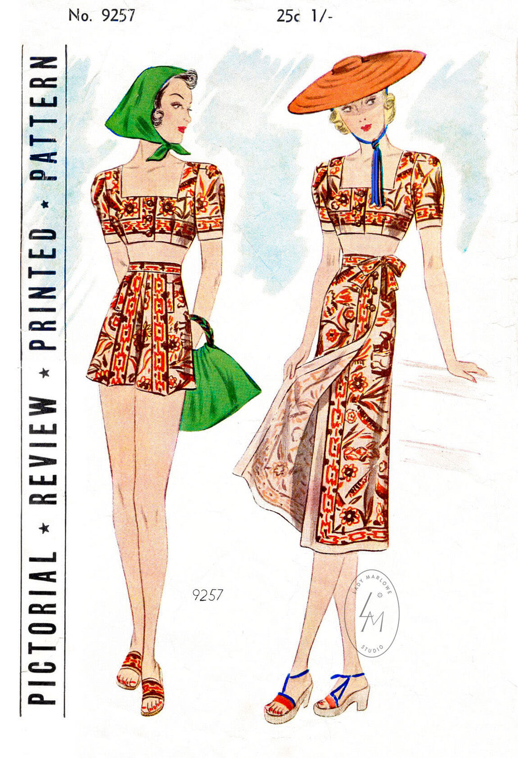 1920s 1930s Pictorial Review 9527 beachwear crop top high waist shorts wrap skirt vintage sewing pattern reproduction