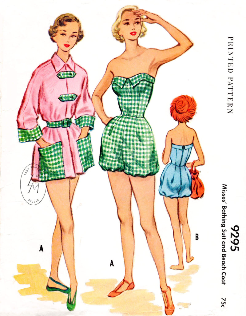 1940s beachwear pattern front tie crop top, wrap skirt, shorts – Lady  Marlowe