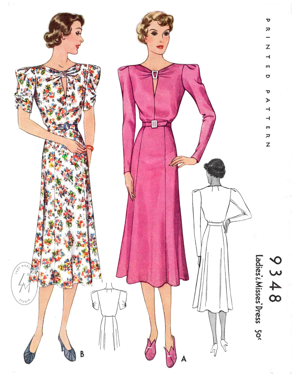 1930s 1937 vintage day dress McCall 9348 statement sleeves flounce skirt ruching detail reproduction sewing pattern 