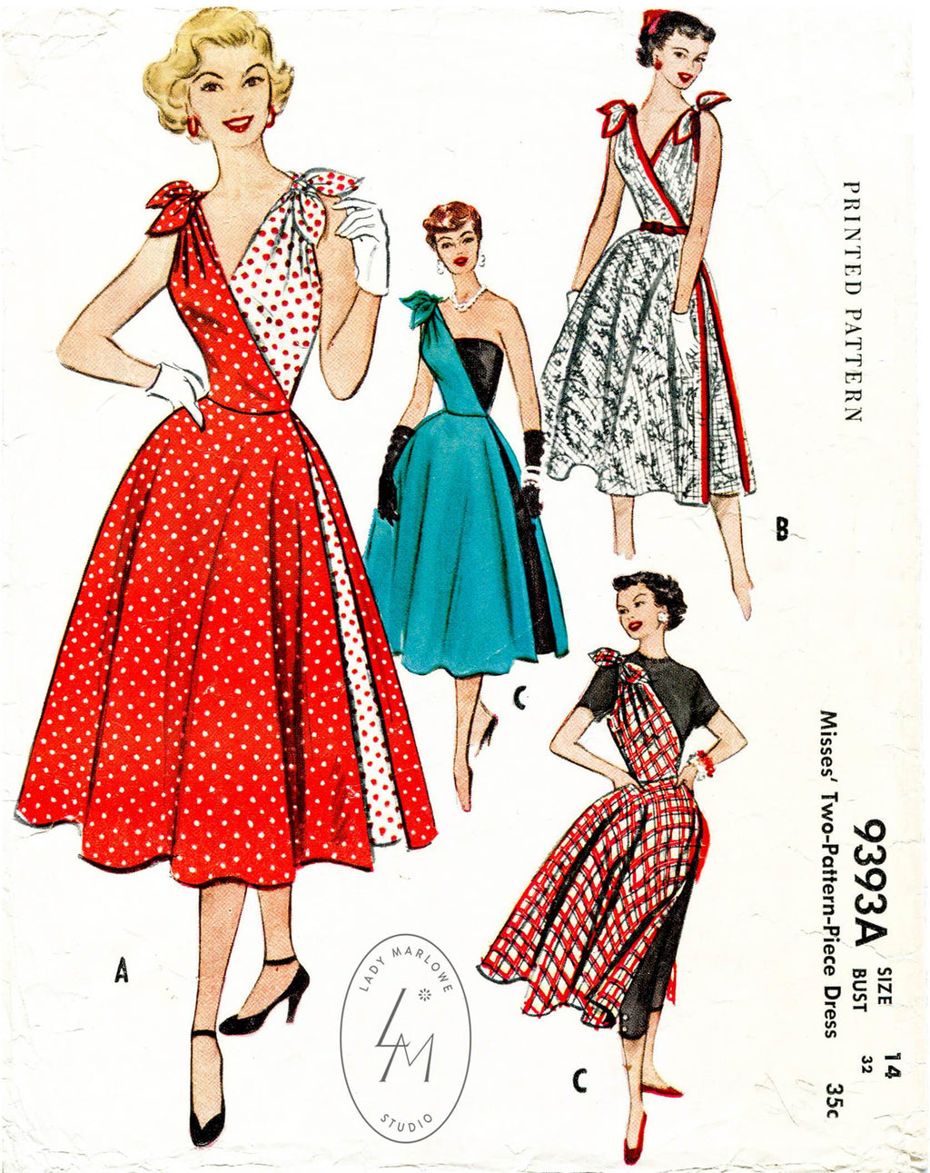 1950s vintage sewing pattern McCall 9393 wrap dress ball gown