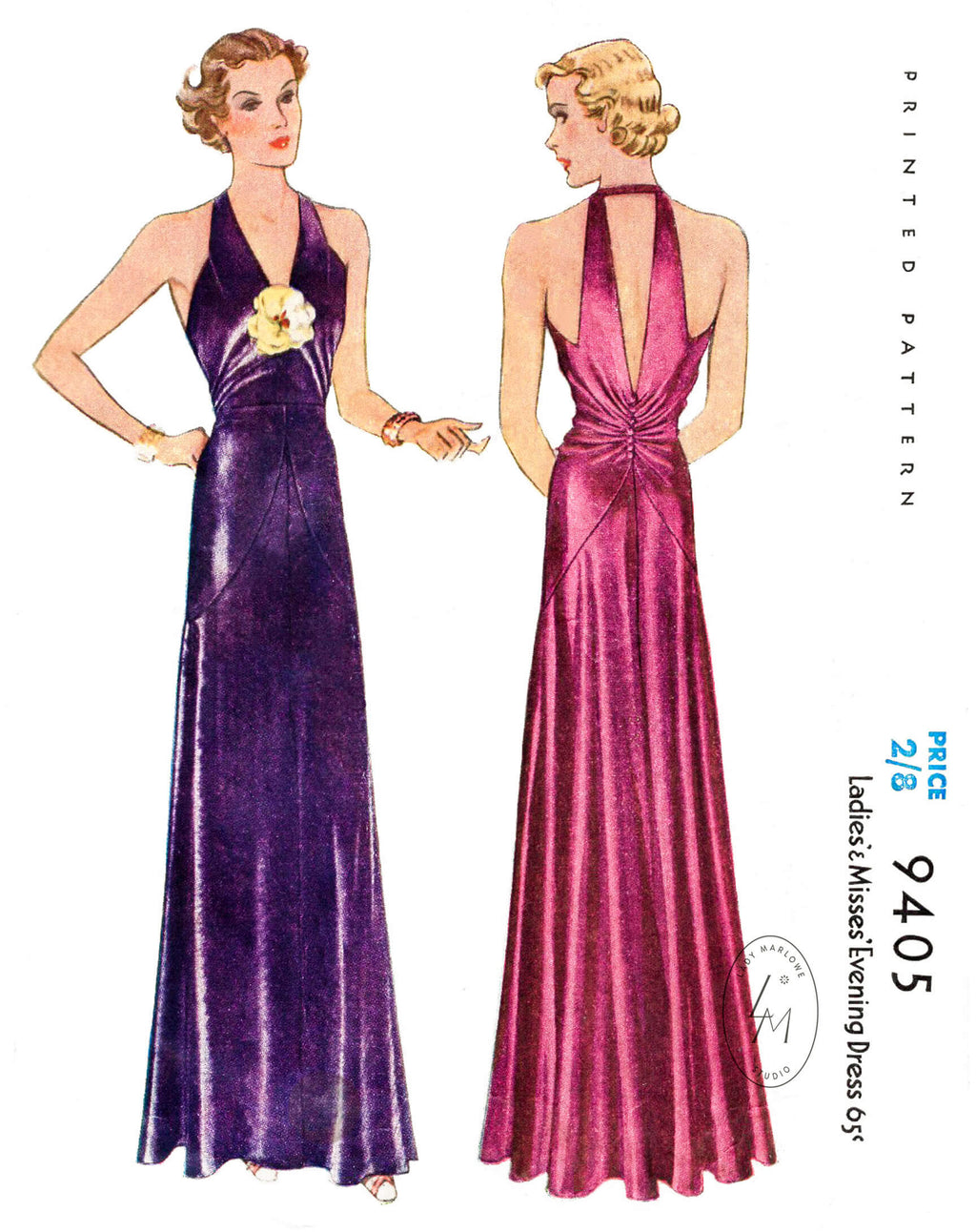 1930s 1937 Ninca Ricci McCall 9405 vintage evening gown sewing pattern reproduction