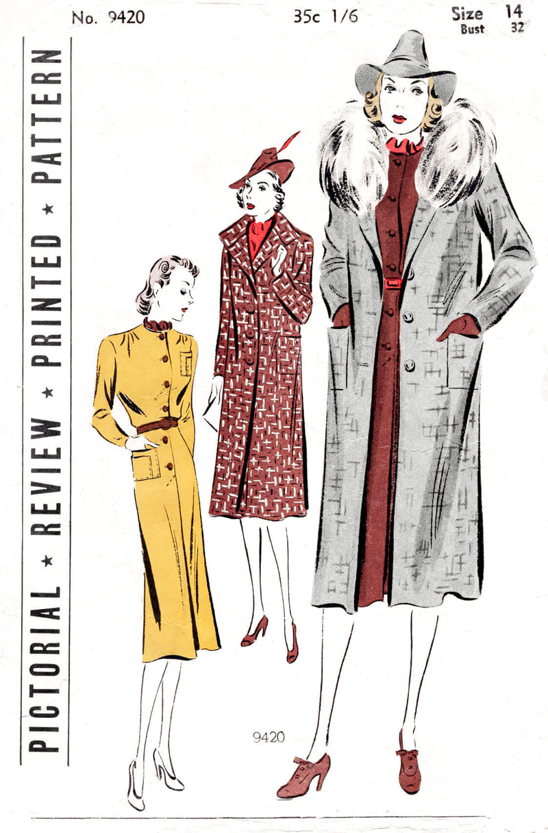 Pictorial 9420 1930s 30s winter coat detachable fur collar skirt blouse three piece ensemble vintage sewing pattern reproduction