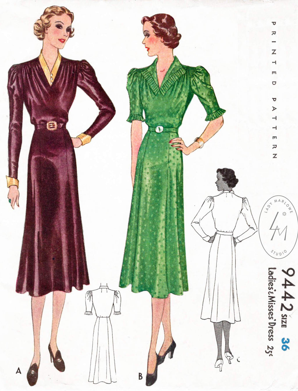 McCall 9442 1930s dress accordion pleat trim vintage sewing pattern reproduction 