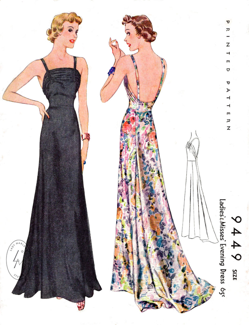 1930s 1937 Maggy Rouff McCall 9449 vintage evening dress spaghetti straps sewing pattern reproduction