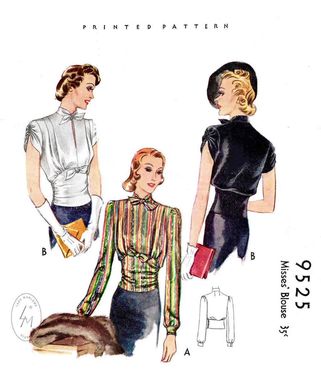 1930s 1937 day or evening blouse McCall 9525 narrow tie collar shirring detail sleeves corset waist vintage sewing pattern reproduction