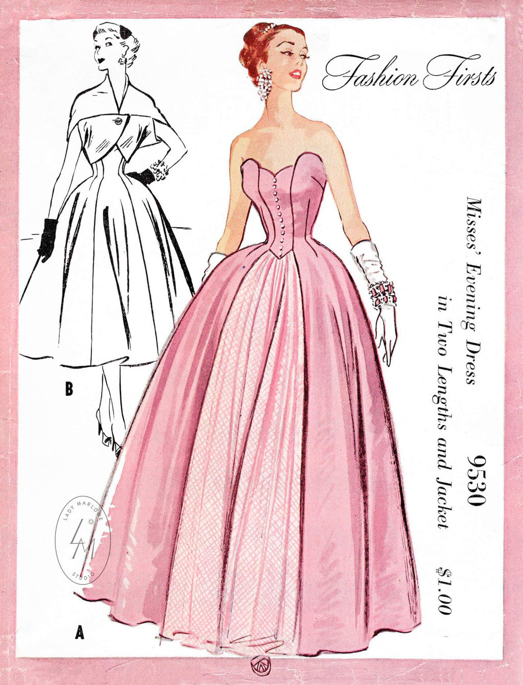 1950s 1953 evening gown or day dress & cocoon jacket vintage sewing pattern reproduction petal shaped bodice bouffant skirt McCall's 9530