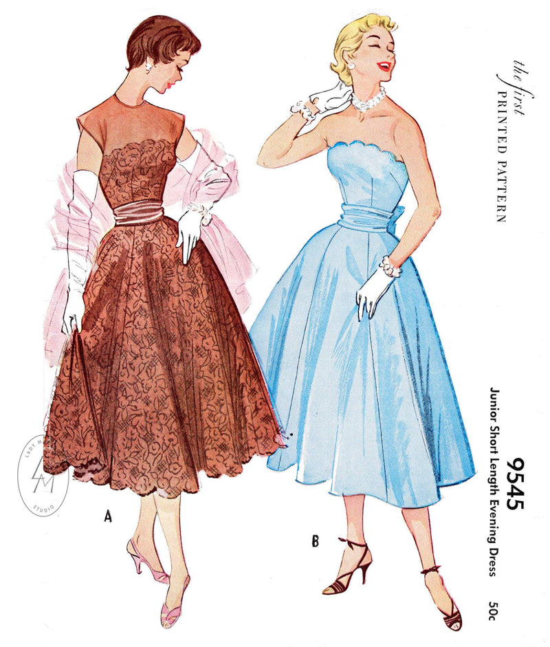 1950s 1953 cocktail evening party dress  McCall's 9545 lace scallop edge bustier full skirt cummerbund waist vintage sewing pattern reproduction