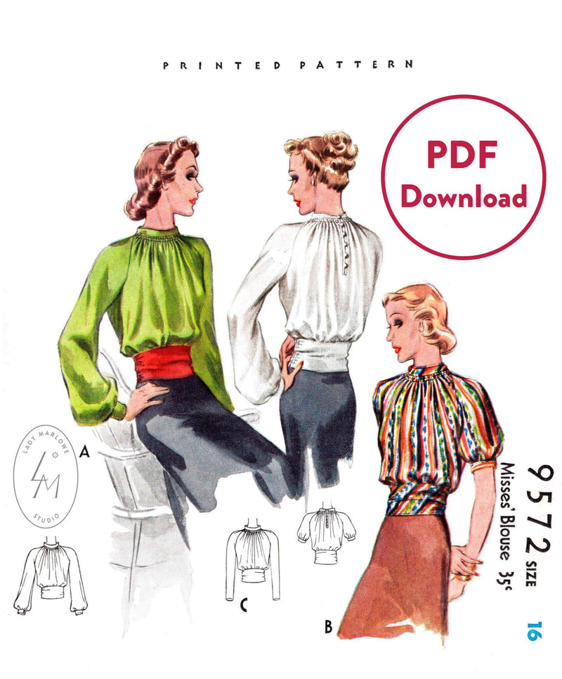McCall 9572 1930s blouse with sash waist vintage sewing pattern PDF