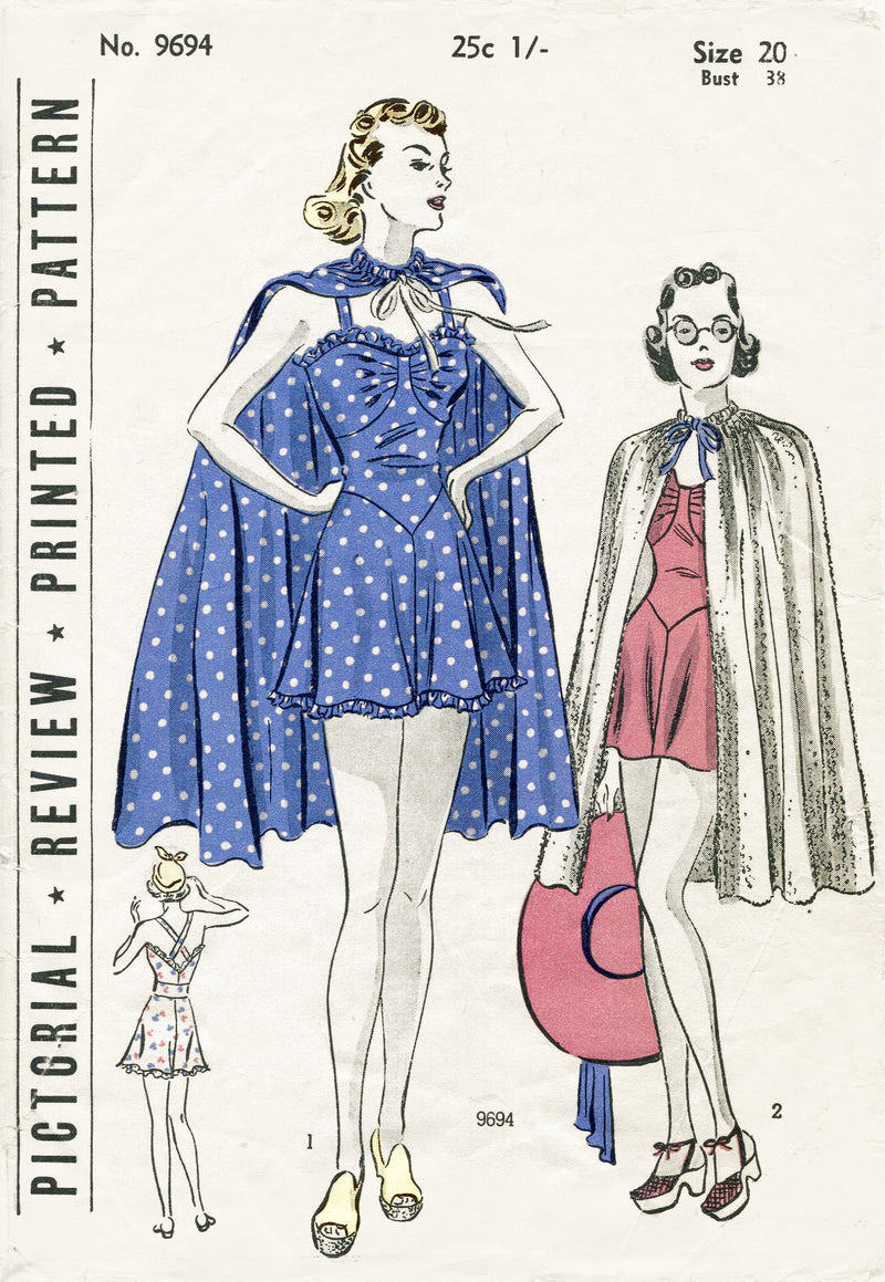 Pictorial Review 9694 1930s beachwear vintage sewing pattern cape playsuit