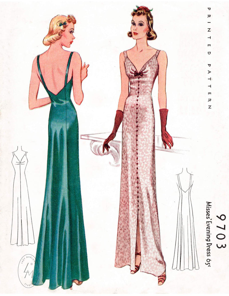 1930s 1938 McCall 9703 evening dress shoulder straps slip dress vintage sewing pattern reproduction
