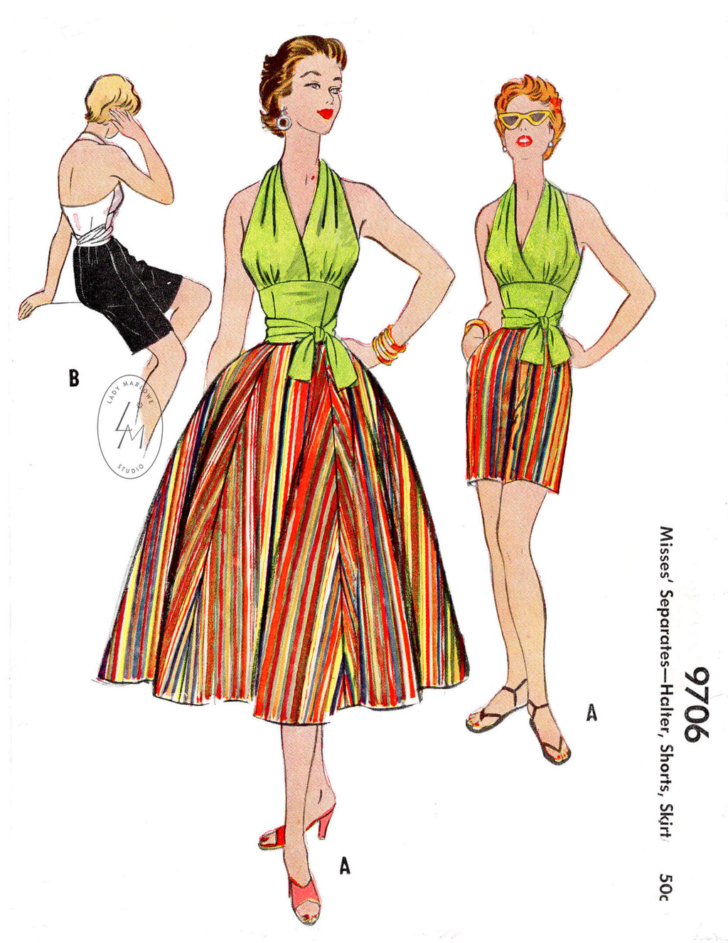 1950s sewing pattern tie waist halter top, high waist midi shorts, full sun skirt. McCall 9706 vintage sewing pattern reproduction