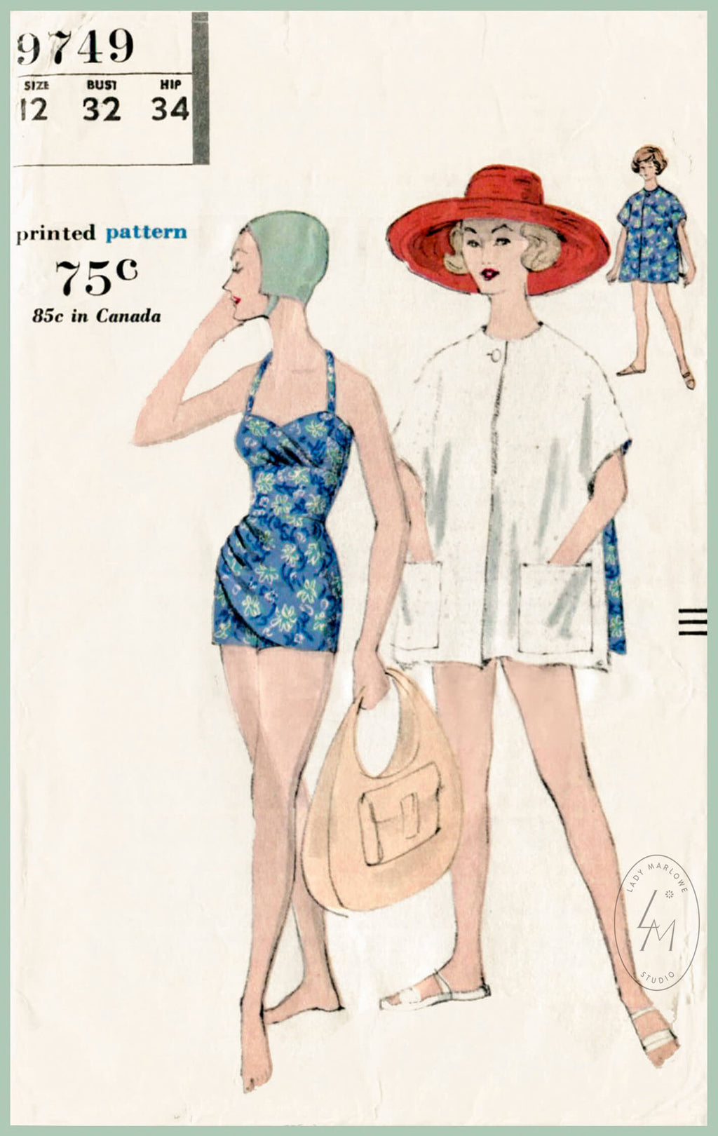 Vogue 9749 1950s one piece swimsuit and beach coat vintage sewing pattern