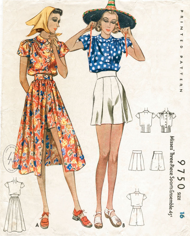 McCall 9750 1930s beachwear skirt blouse shorts vintage sewing pattern