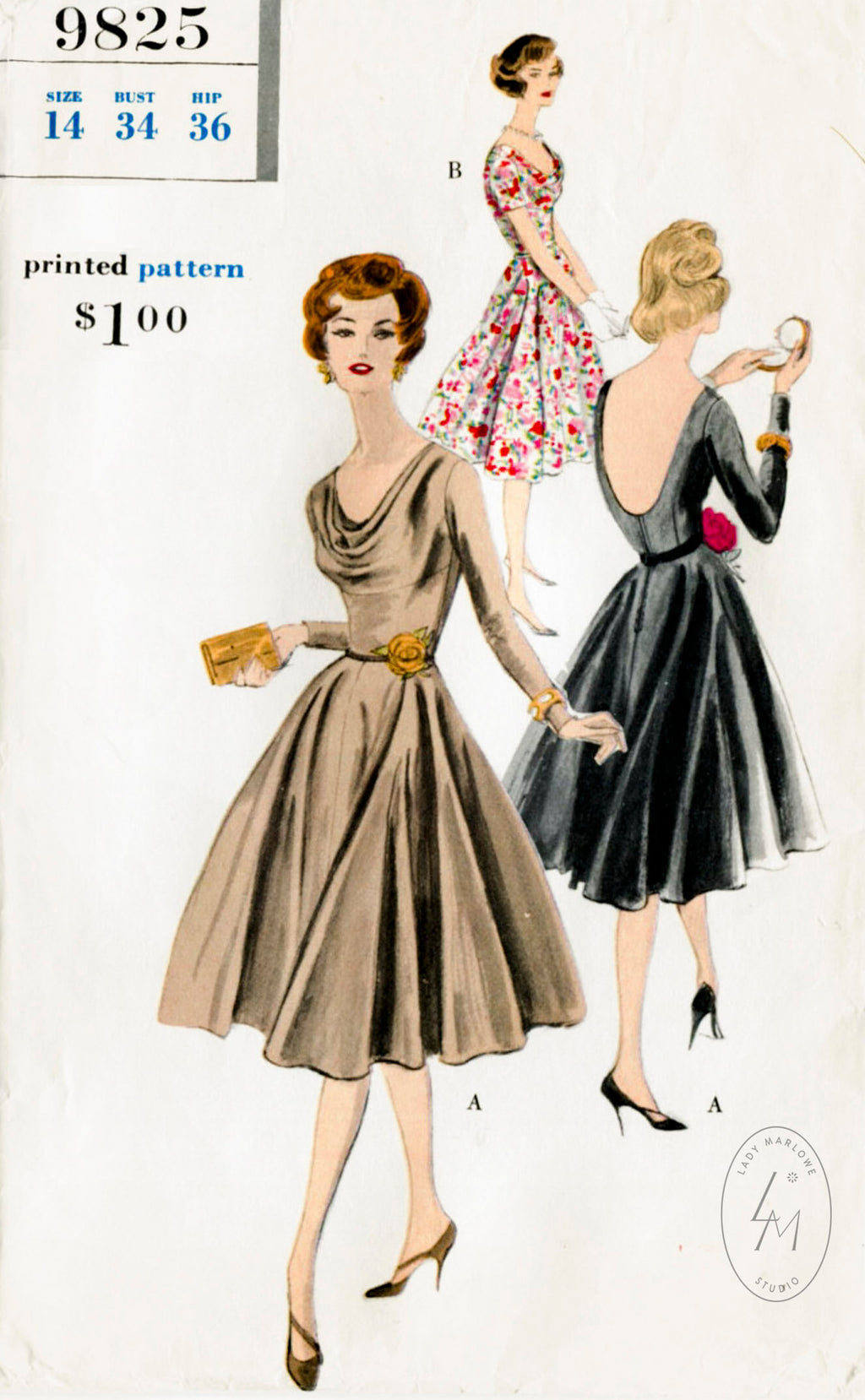Vogue 9825 1950s dress sewing pattern vintage gown