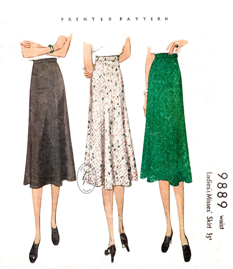 1930s 1938 vintage skirt sewing pattern McCall 9889