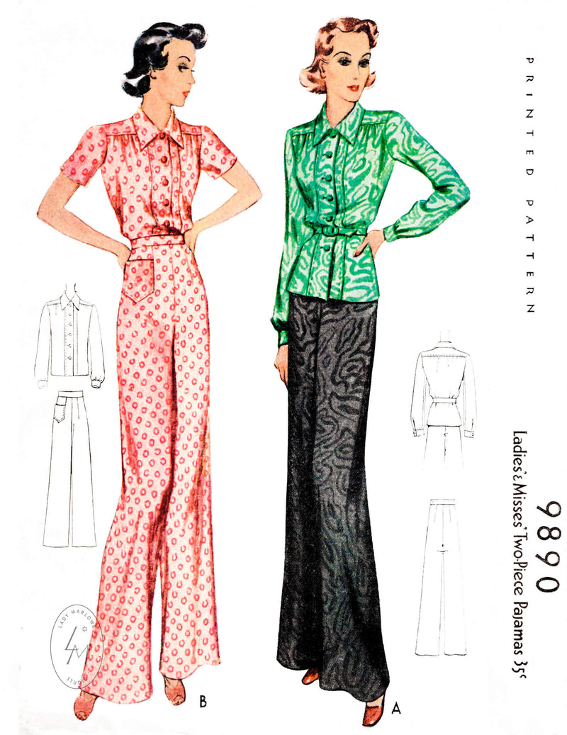 McCall 9890 1930s 1938 loungewear pajamas vintage sewing pattern repro