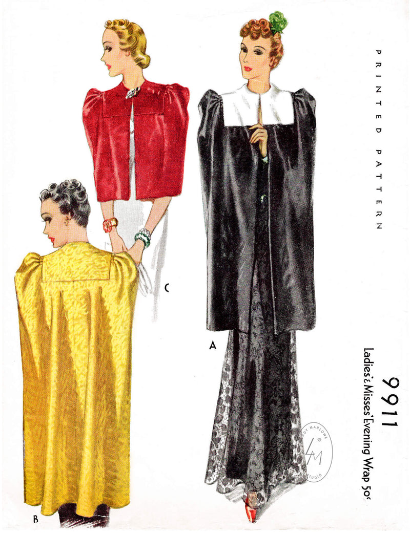 McCall 9911 vintage sewing pattern reproduction day or evening cape capelet in 3 lengths