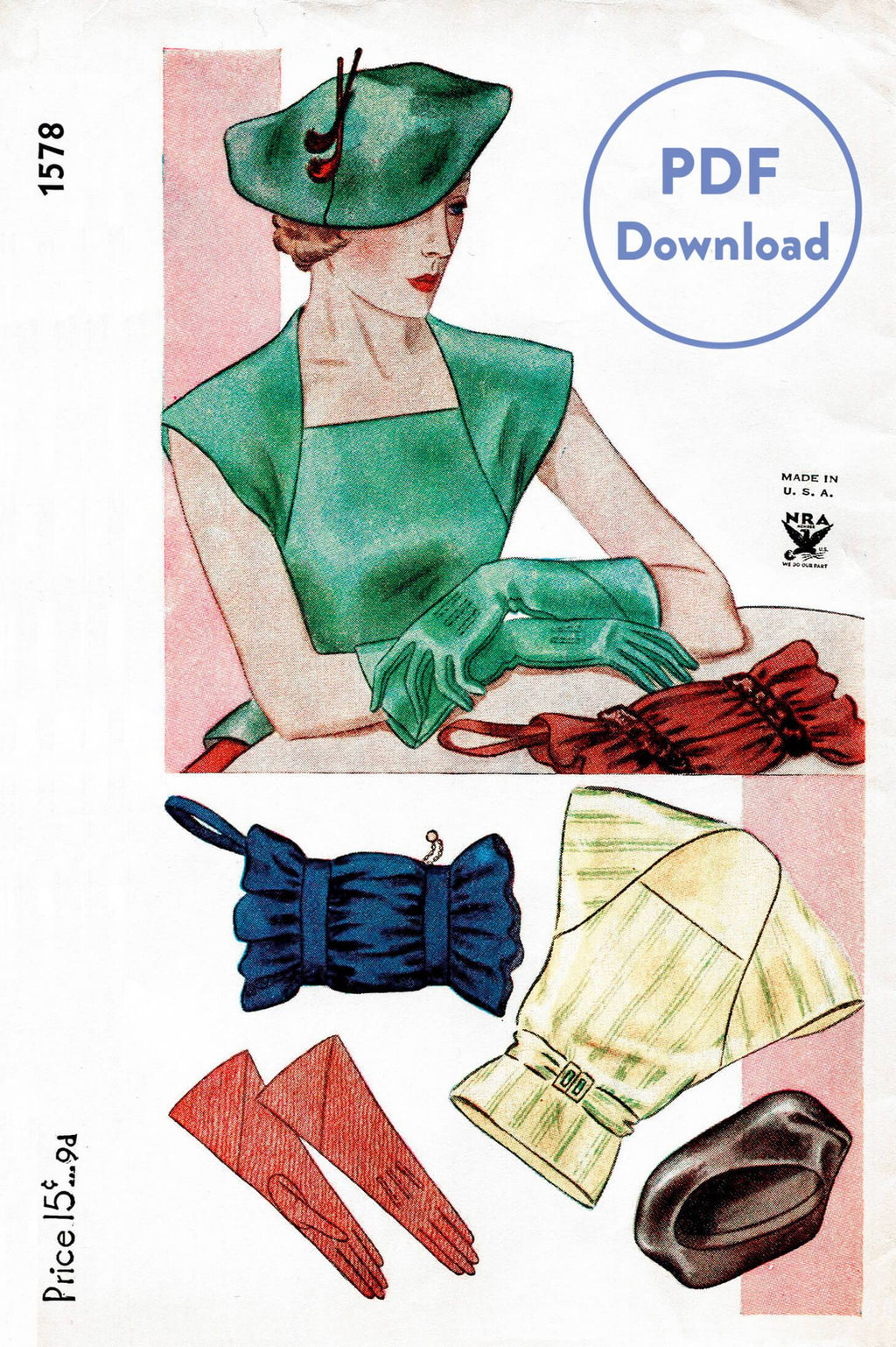 1930 1930s vintage sewing pattern Simplicity 1578 gloves accessories hat