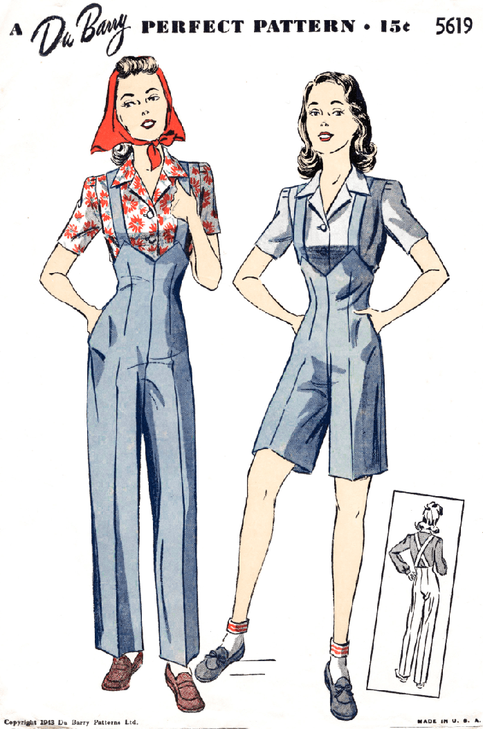 DuBarry 5619 1940s rosie the riveter trousers and blouse sewing pattern high waist suspender straps