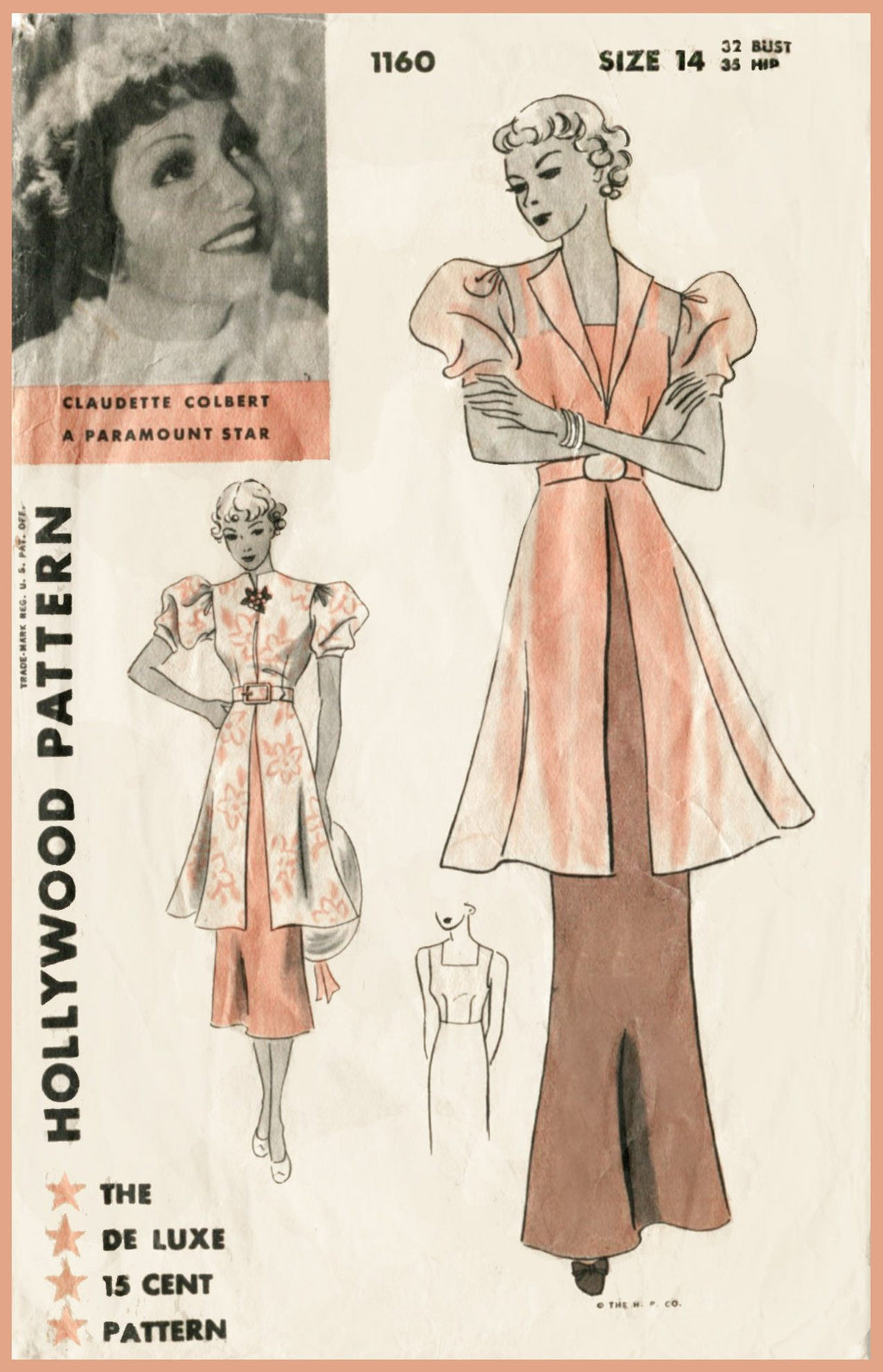 Hollywood 1160 Claudette Colbert 1930s tunic dress sewing pattern