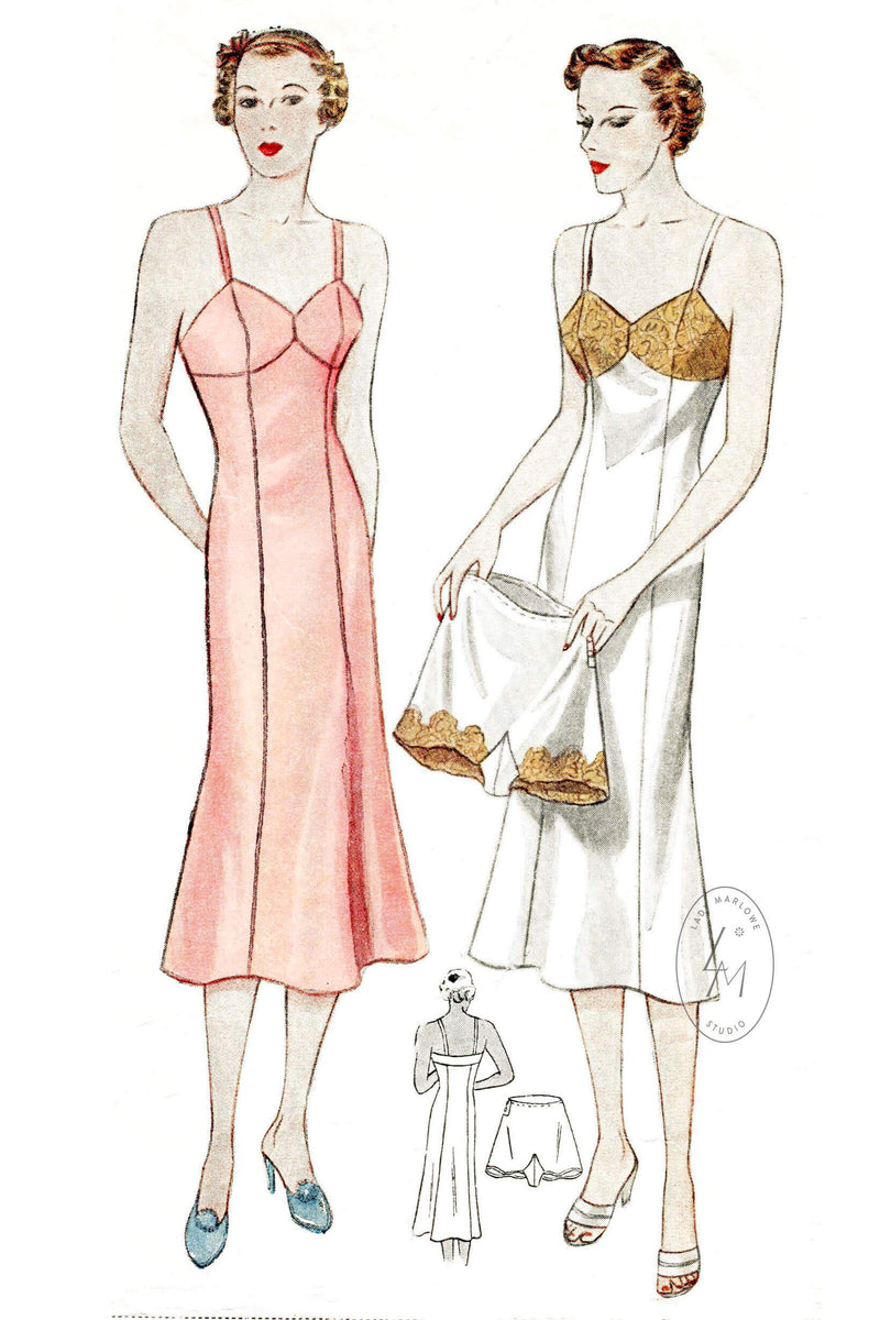1930s 30s Simplicity 2256 vintage lingerie sewing pattern slip dress & tap shorts