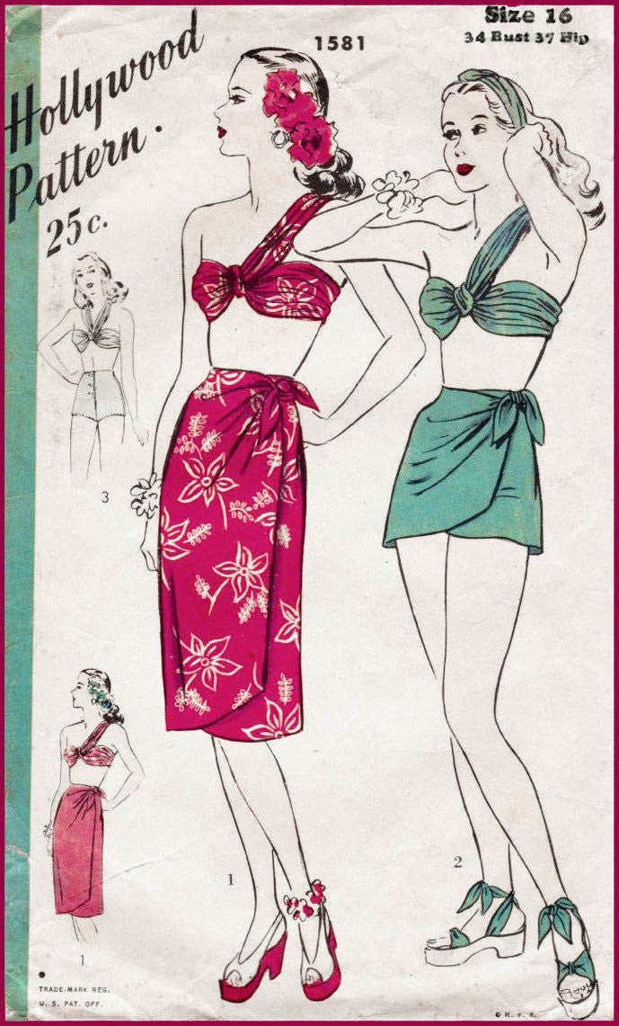 Hollywood 1581 1940s bikini top sarong skirt vintage sewing pattern