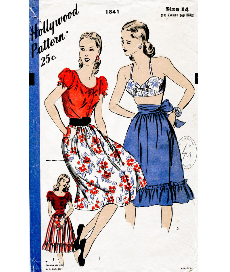 1940s 1946 Hollywood 1841 vintage sewing pattern reproduction 3 piece beachwear set peasant blouse, bra top, sun skirt