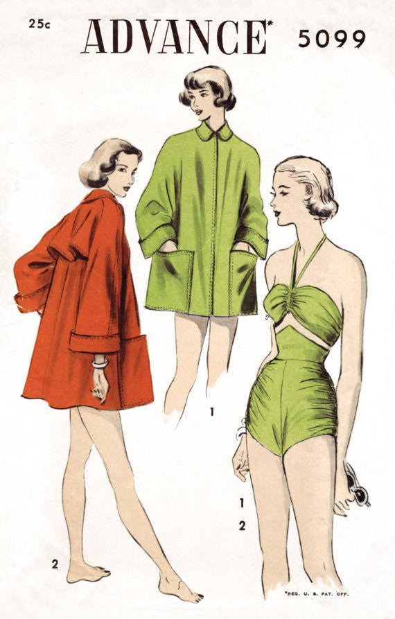 Advance 5099 1940s beachwear vintage sewing pattern swimsuit coat