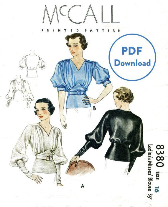 McCall 8380 1930s blouse vintage sewing pattern 1930 30s top PDF download