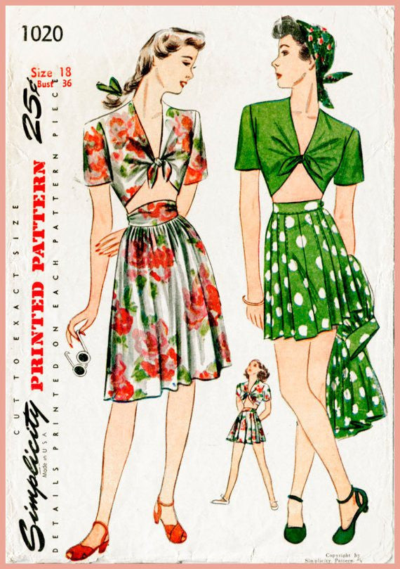 Simplicity 1020 1940s crop top and skirt vintage sewing pattern