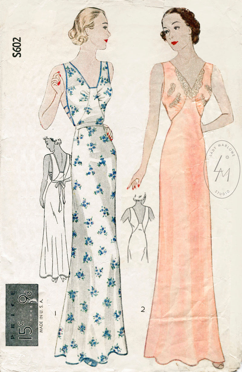 Simplicity S602 1930s vintage lingerie gown sewing pattern