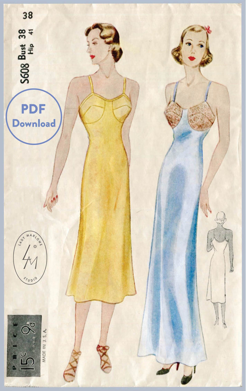Simplicity S608 1930 1930s sewing pattern vintage lingerie slip dress PDF download