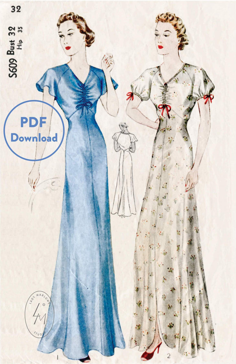 Simplicity S609 1930s vintage lingerie sewing pattern negligee gown PDF